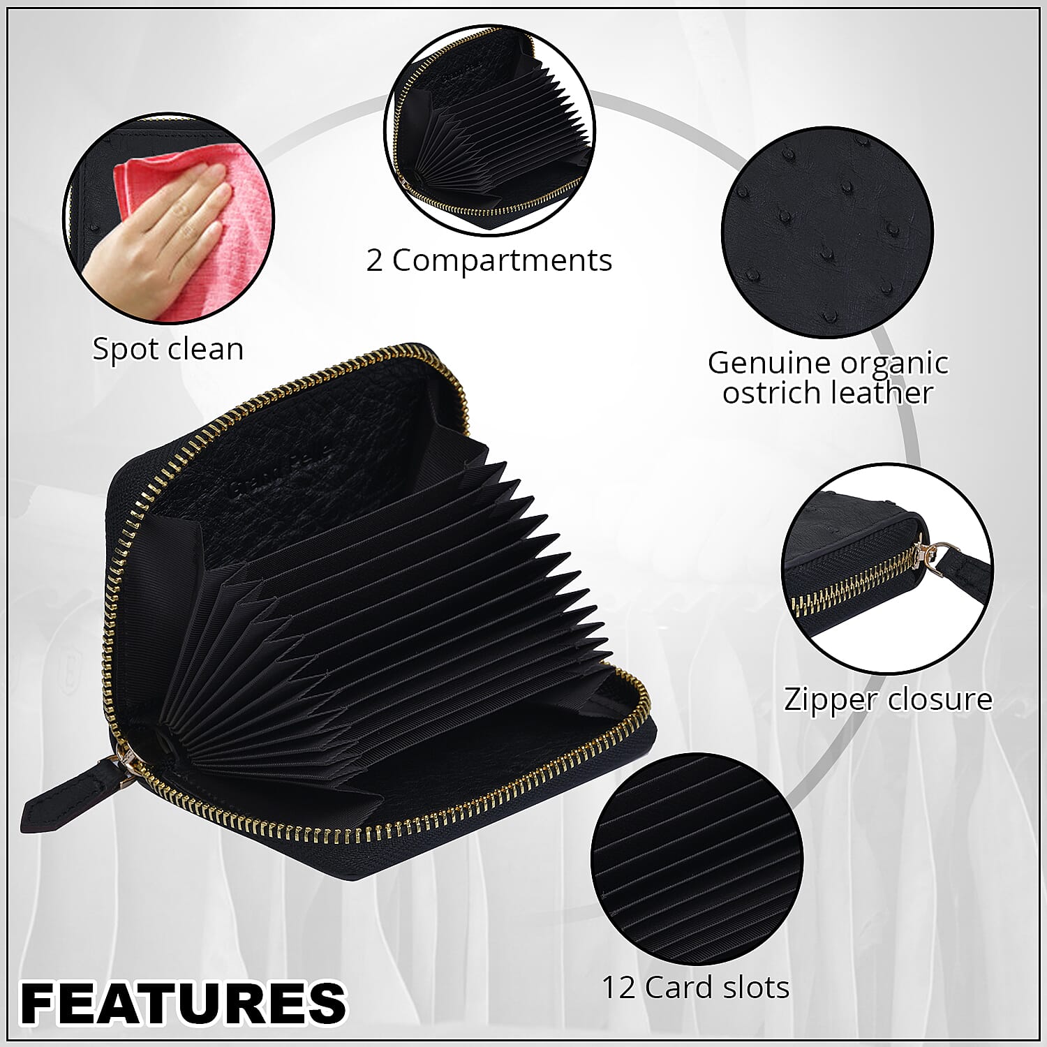 Grand Pelle, Black Genuine Organic Ostrich Leather RFID Wallet