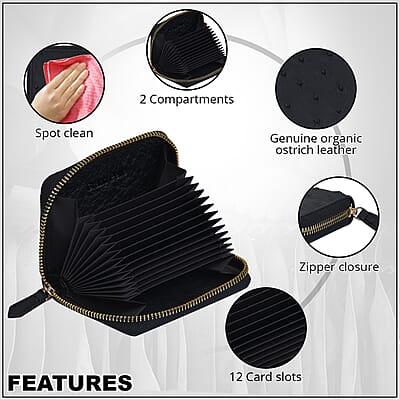 Grand Pelle, Black Genuine Organic Ostrich Leather RFID Wallet