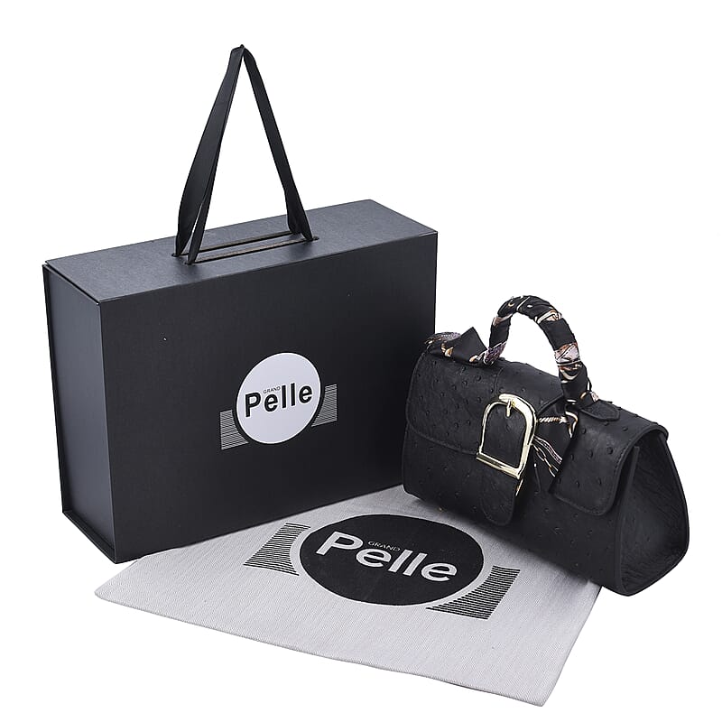 Grand Pelle, Black Genuine Organic Ostrich Leather Crossbody Bag with Adjustable Shoulder Strap