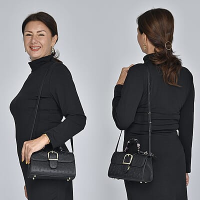 Grand Pelle, Black Genuine Organic Ostrich Leather Crossbody Bag with Adjustable Shoulder Strap