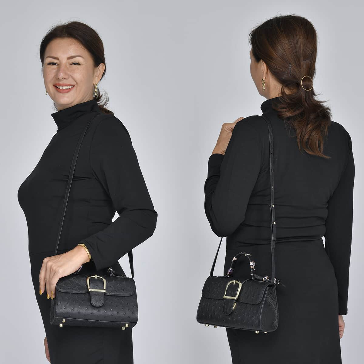 Black Ostrich Skin Textured Leather Crossbody Bag with Adjustable Shoulder Strap image number 1
