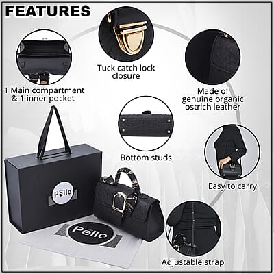 Grand Pelle, Black Genuine Organic Ostrich Leather Crossbody Bag with Adjustable Shoulder Strap