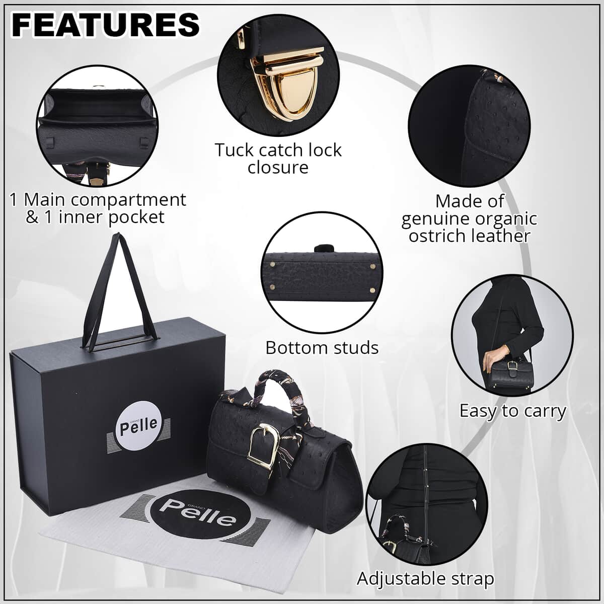 Black Ostrich Skin Textured Leather Crossbody Bag with Adjustable Shoulder Strap image number 2