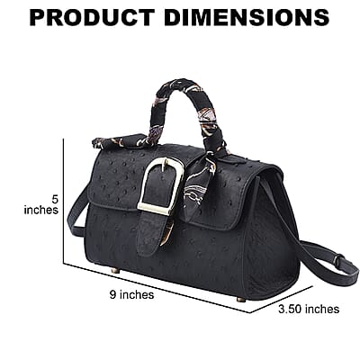 Grand Pelle, Black Genuine Organic Ostrich Leather Crossbody Bag with Adjustable Shoulder Strap