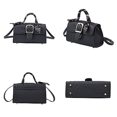Grand Pelle, Black Genuine Organic Ostrich Leather Crossbody Bag with Adjustable Shoulder Strap