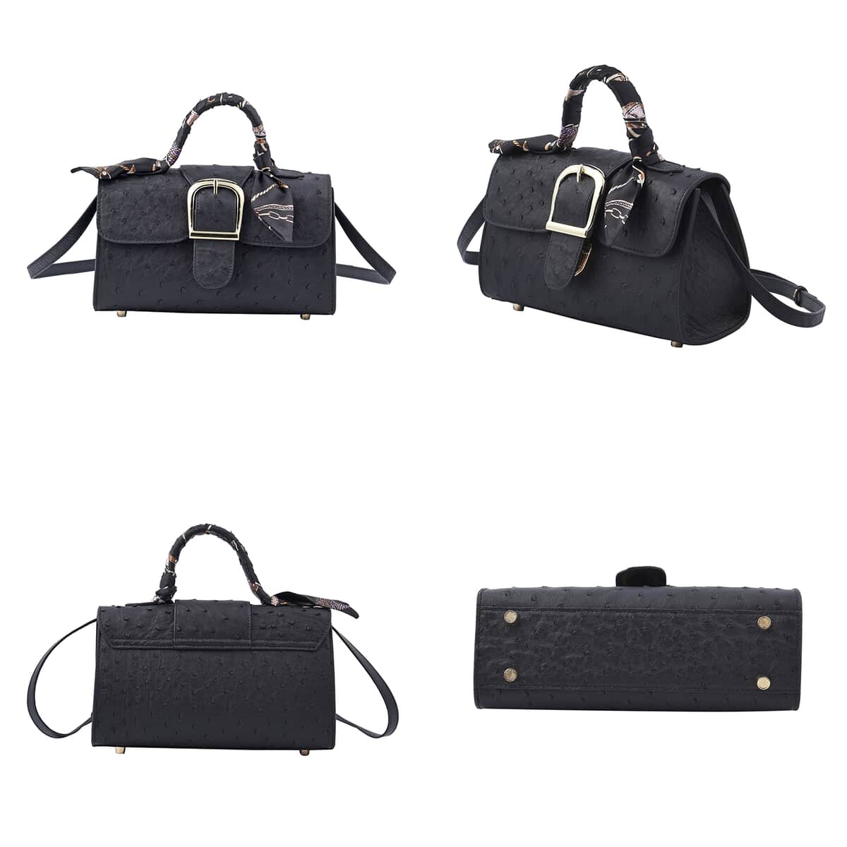 Black Ostrich Skin Textured Leather Crossbody Bag with Adjustable Shoulder Strap image number 4