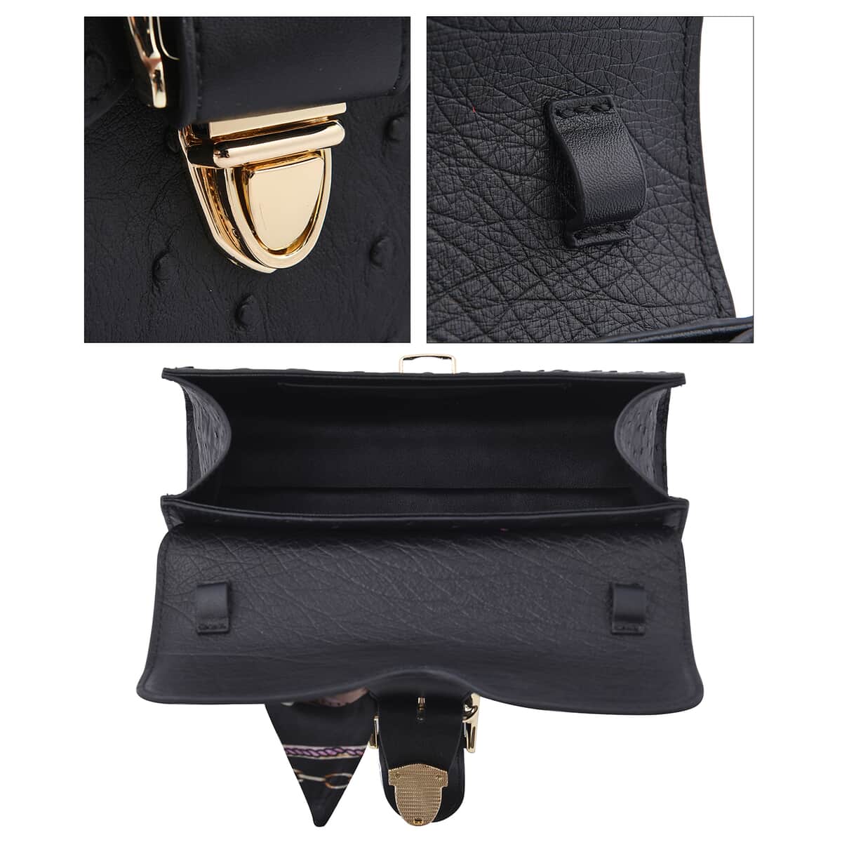 Black Ostrich Skin Textured Leather Crossbody Bag with Adjustable Shoulder Strap image number 5