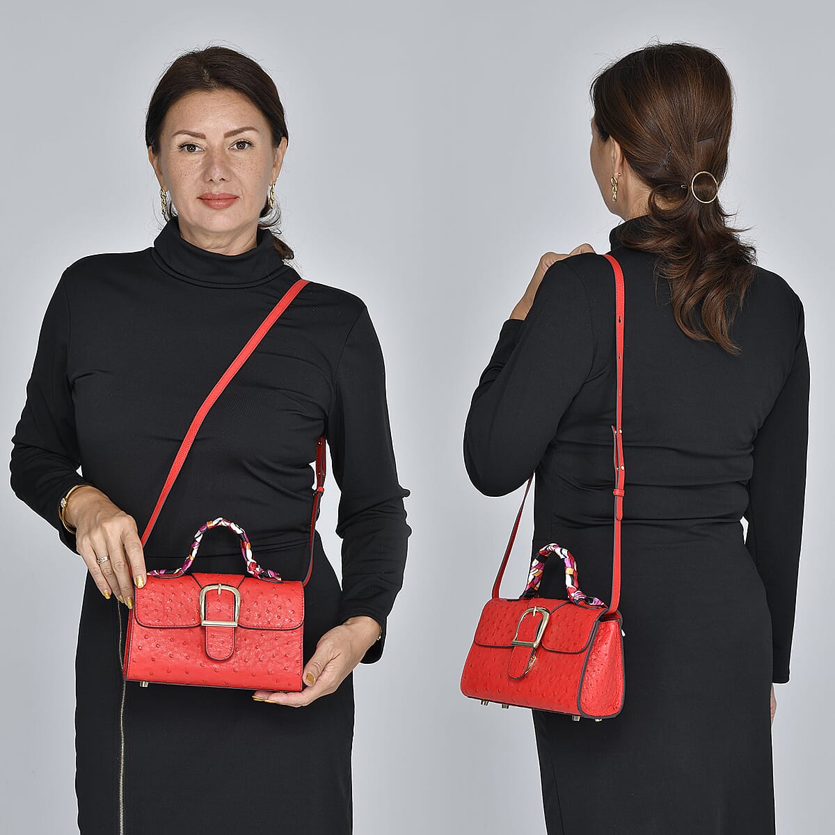 Grand Pelle, Red Genuine Organic Ostrich Leather Crossbody Bag with Adjustable Shoulder Strap image number 1