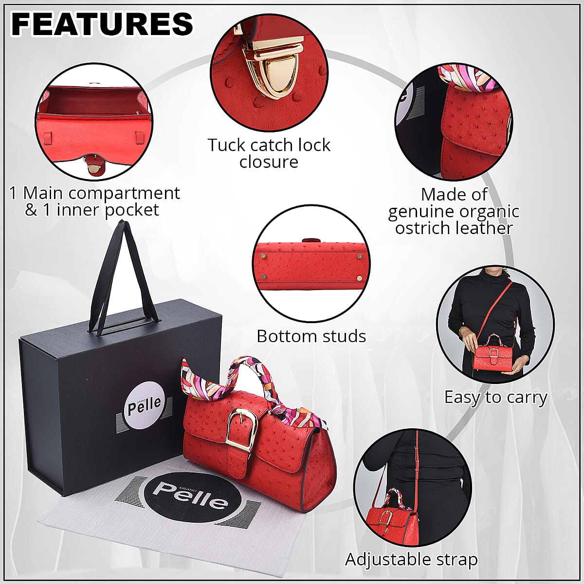 Grand Pelle, Red Genuine Organic Ostrich Leather Crossbody Bag with Adjustable Shoulder Strap image number 2