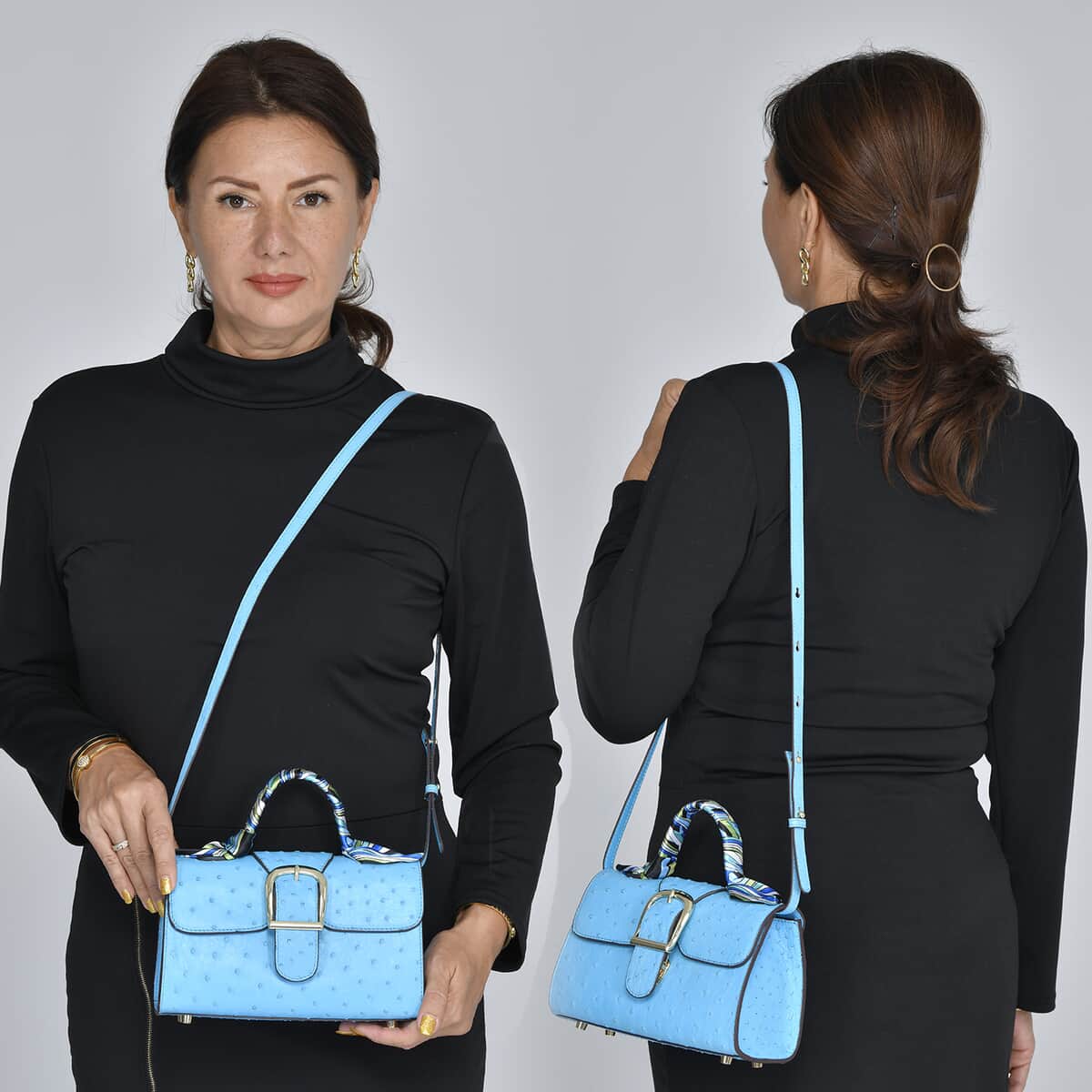 Grand Pelle, Light Blue Genuine Organic Ostrich Leather Crossbody Bag with Adjustable Shoulder Strap image number 1