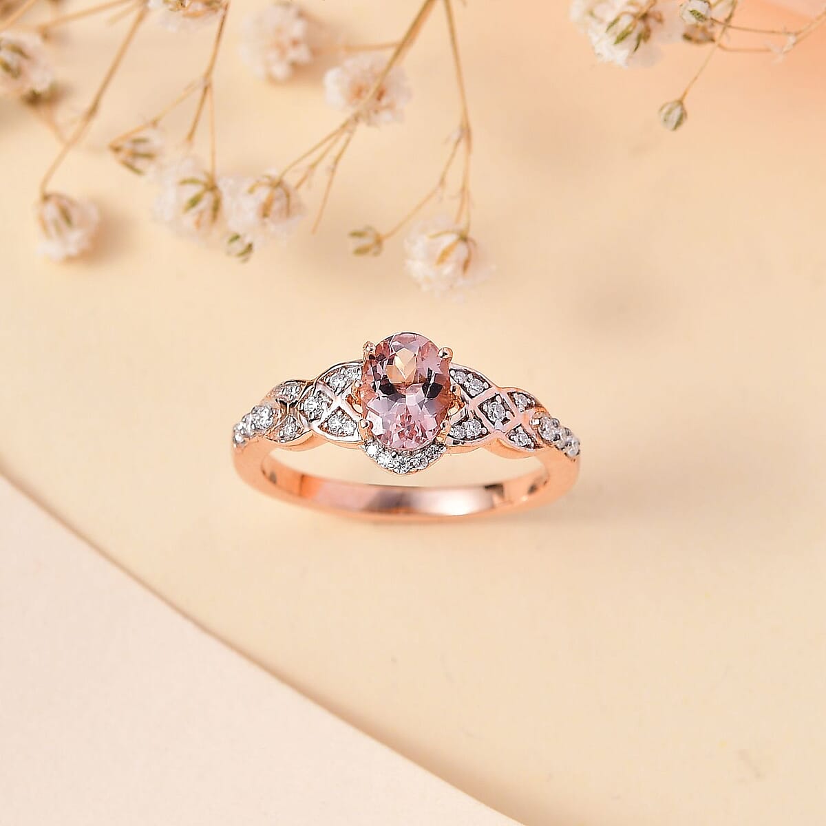 Premium Pink Morganite and Moissanite Ring in 18K Vermeil Rose Gold Over Sterling Silver (Size 7.0) 1.10 ctw image number 1