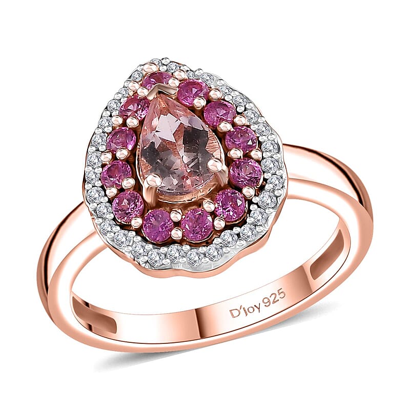 D'Joy Premium Pink Morganite and Multi Gemstone Ring in 18K Vermeil Rose Gold Over Sterling Silver (Size 10.0) 1.30 ctw