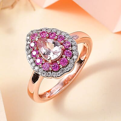 D'Joy Premium Pink Morganite and Multi Gemstone Ring in 18K Vermeil Rose Gold Over Sterling Silver (Size 10.0) 1.30 ctw