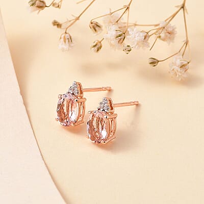 D'Joy Premium Pink Morganite and Moissanite 1.75 ctw Stud Earrings in 18K Vermeil Rose Gold Over Sterling Silver