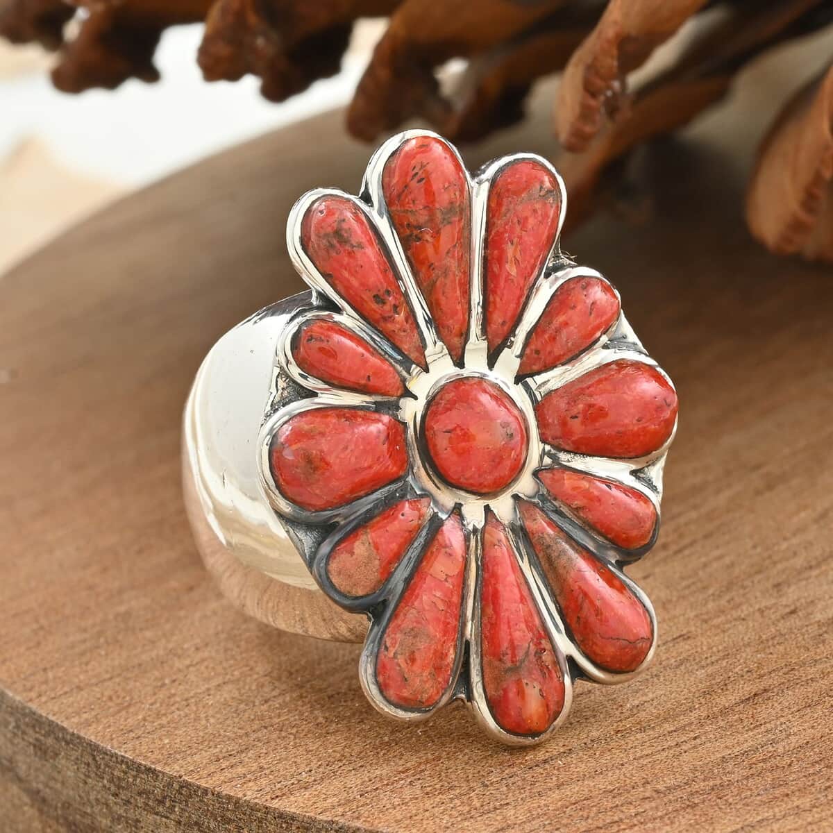 Santa Fe Style Red Coral Ring in Sterling Silver (Size 6.0) image number 1