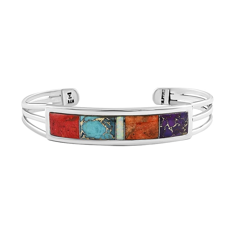 Santa Fe Style Multi Gemstone Cuff Bracelet in Sterling Silver (6.50 In) 4.00 ctw