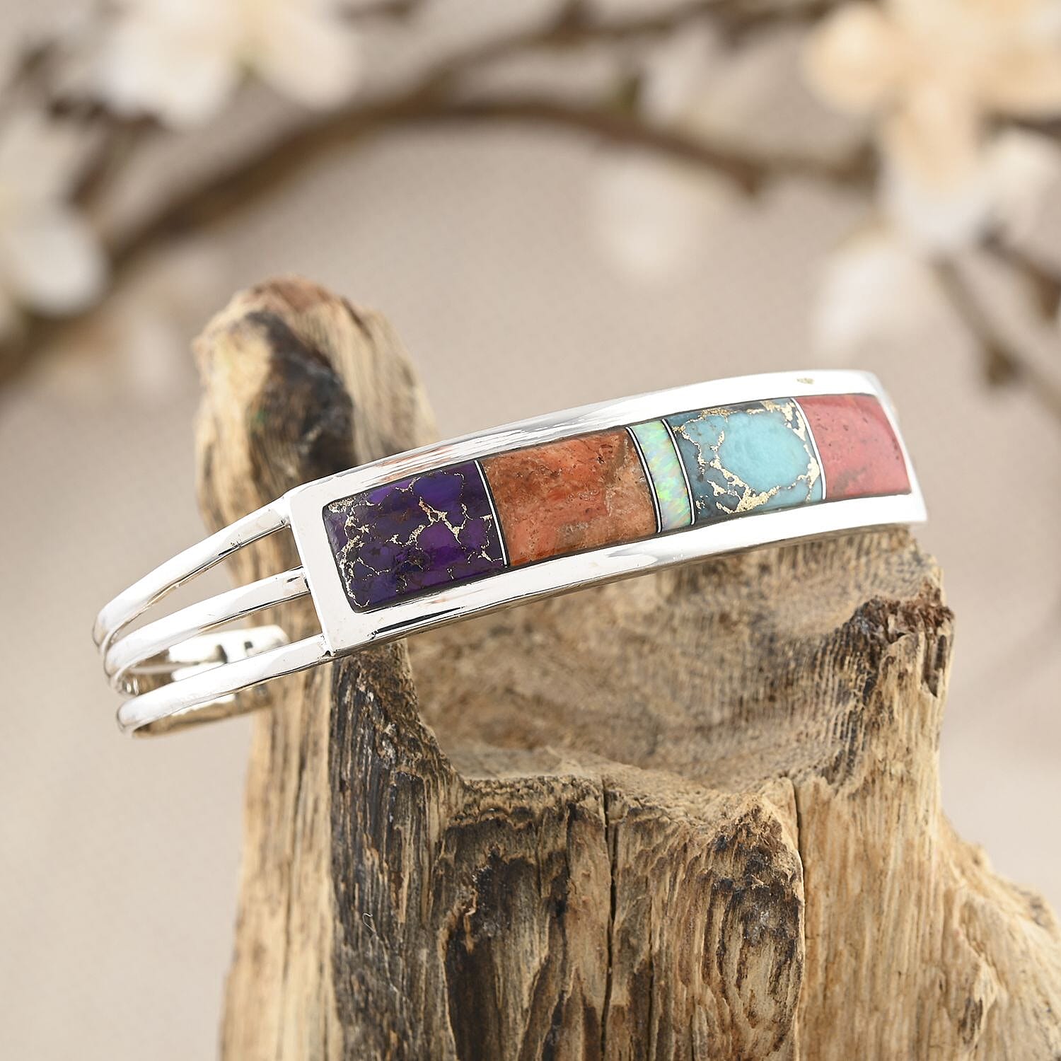 Santa Fe Style Multi Gemstone Cuff Bracelet in Sterling Silver (6.50 In) 4.00 ctw