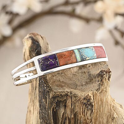 Santa Fe Style Multi Gemstone Cuff Bracelet in Sterling Silver (6.50 In) 4.00 ctw