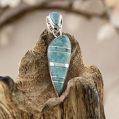 Santa Fe Style Kingman Turquoise Pendant in Sterling Silver 4.50 ctw