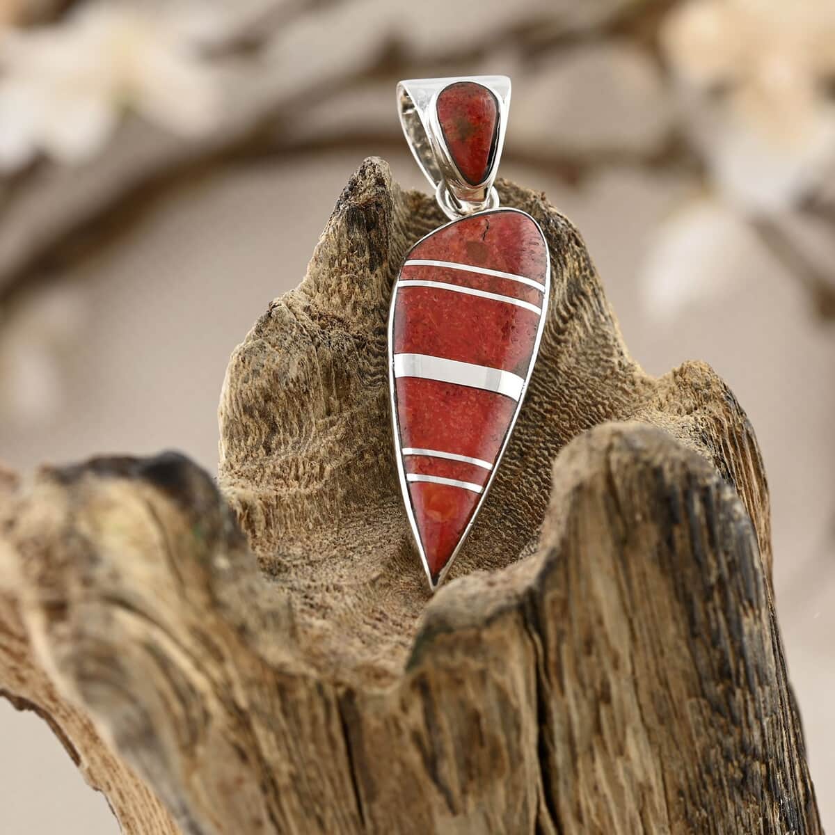 Santa Fe Style Red Coral Pendant in Sterling Silver image number 1