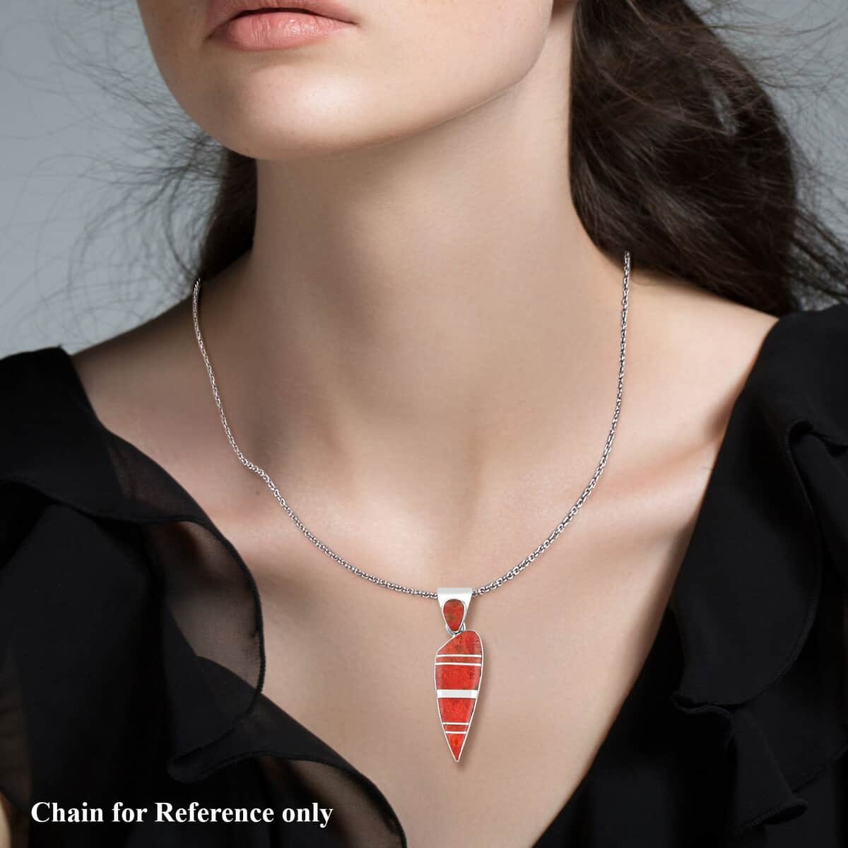 Santa Fe Style Red Coral Pendant in Sterling Silver image number 2