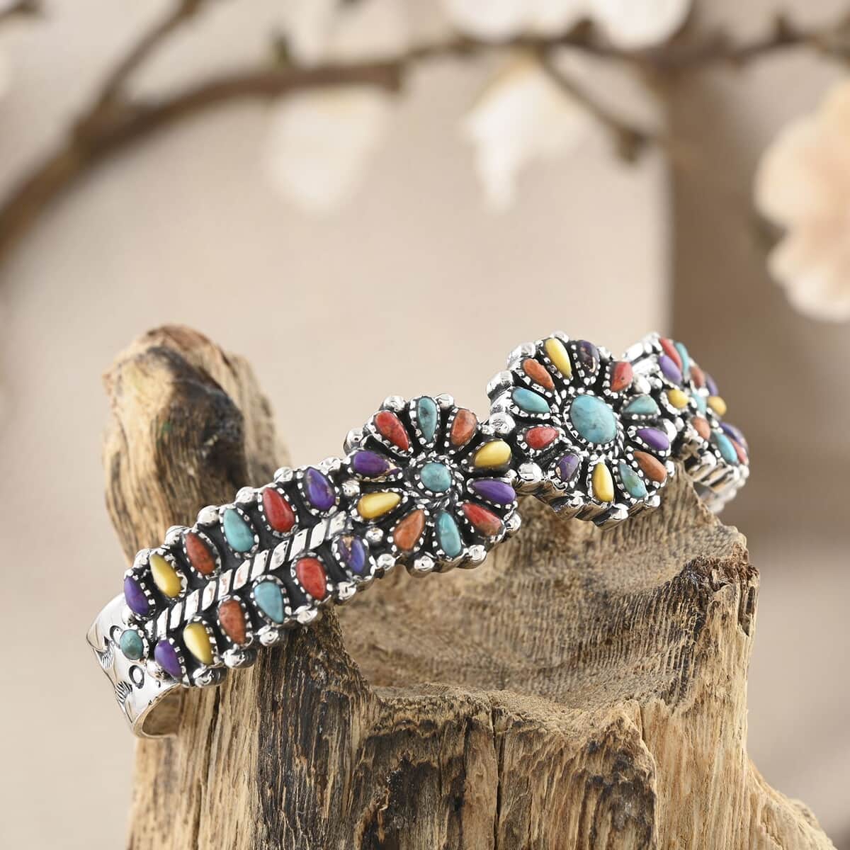 Santa Fe Style Multi Gemstones Cuff Bracelet in Sterling Silver (6.50 In) 8.10 ctw image number 1