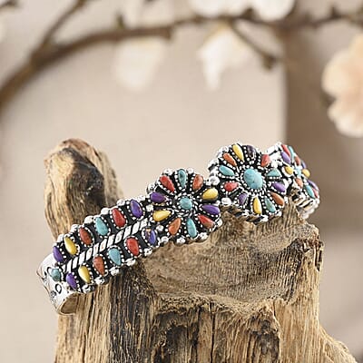 Santa Fe Style Multi Gemstones Cuff Bracelet in Sterling Silver (6.50 In) 8.10 ctw