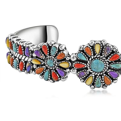 Santa Fe Style Multi Gemstones Cuff Bracelet in Sterling Silver (6.50 In) 8.10 ctw