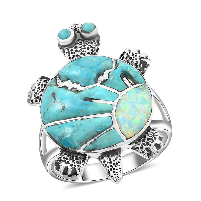 Santa Fe Style Kingman Turquoise and Opal Ring in Sterling Silver (Size 10.0) 1.10 ctw