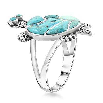 Santa Fe Style Kingman Turquoise and Opal Ring in Sterling Silver (Size 10.0) 1.10 ctw