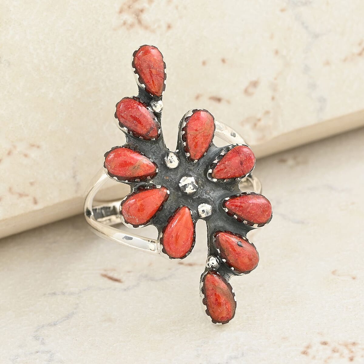 Santa Fe Style Red Coral Ring in Sterling Silver (Size 10.0) 5.50 ctw image number 1