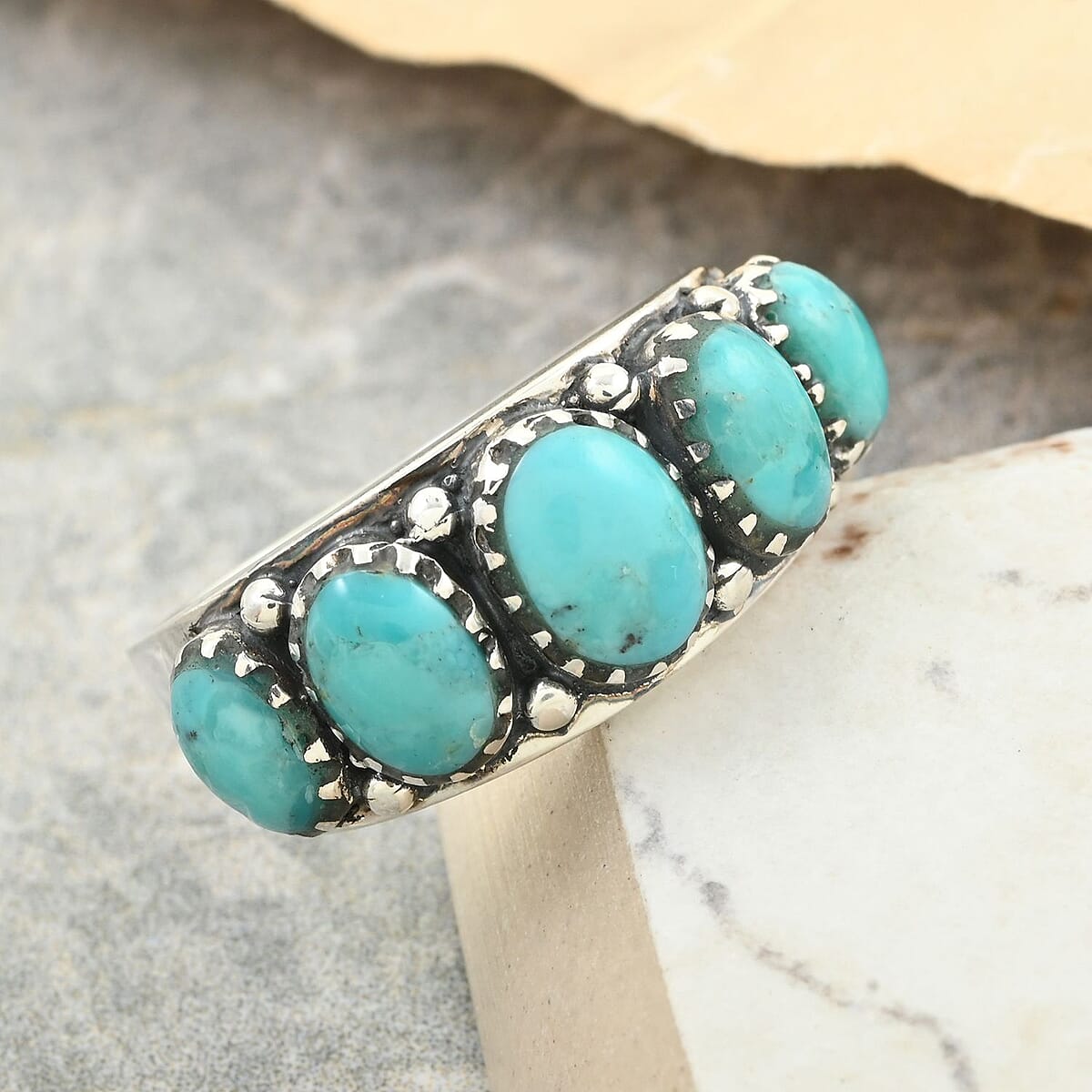 Santa Fe Style Turquoise Ring in Sterling Silver (Size 9.0) 8.00 ctw image number 1