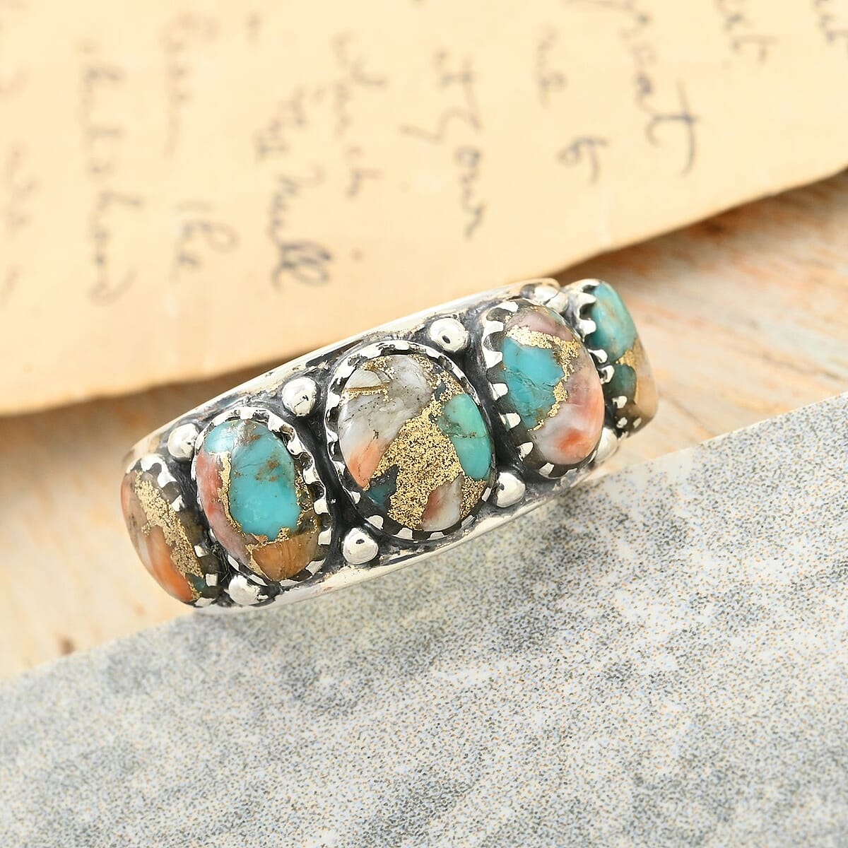 Santa Fe Style Spiny Turquoise Ring in Sterling Silver (Size 10.0) 7.30 ctw image number 1
