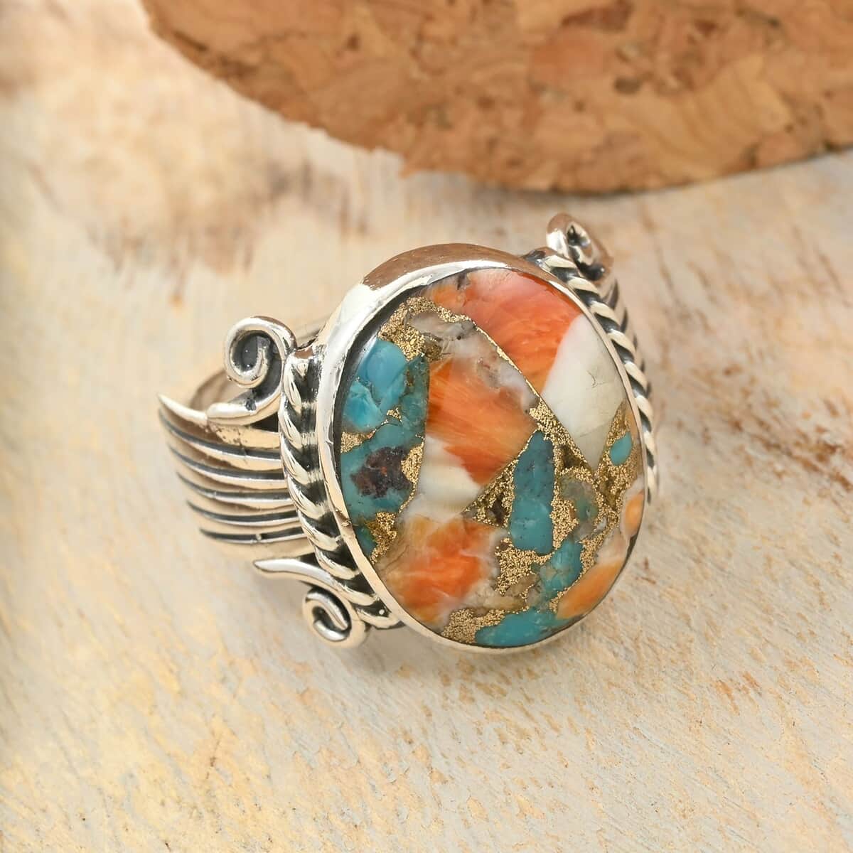 Santa Fe Style Spiny Turquoise Ring in Sterling Silver 9.30 ctw image number 1