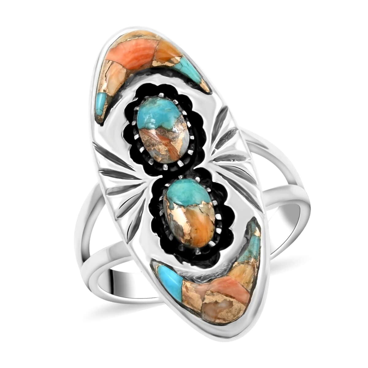 Santa Fe Style Spiny Turquoise Ring in Sterling Silver (Size 10.0) 9.10 ctw image number 0