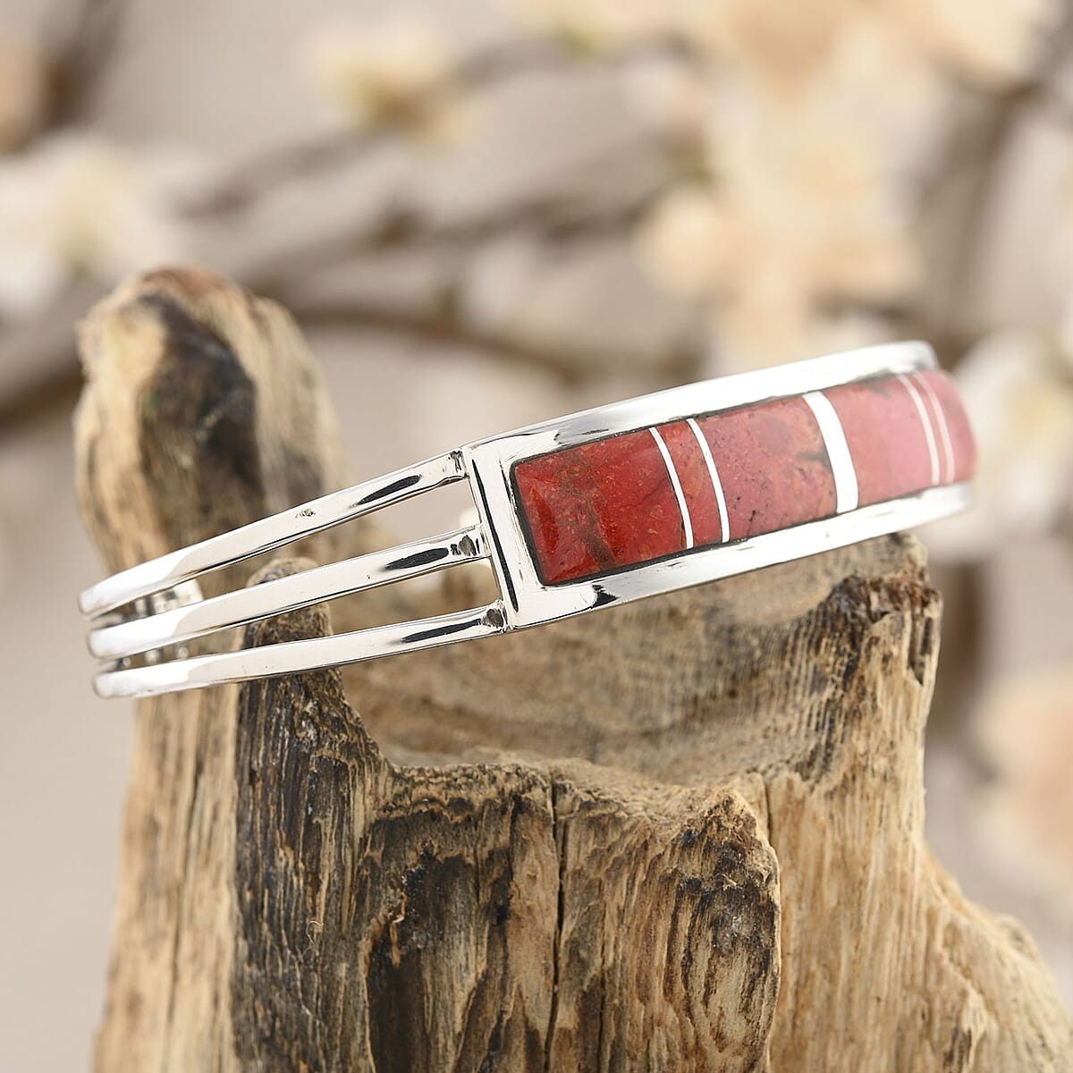 Santa Fe Style Red Coral Cuff Bracelet in Sterling Silver (6.50 In) image number 1
