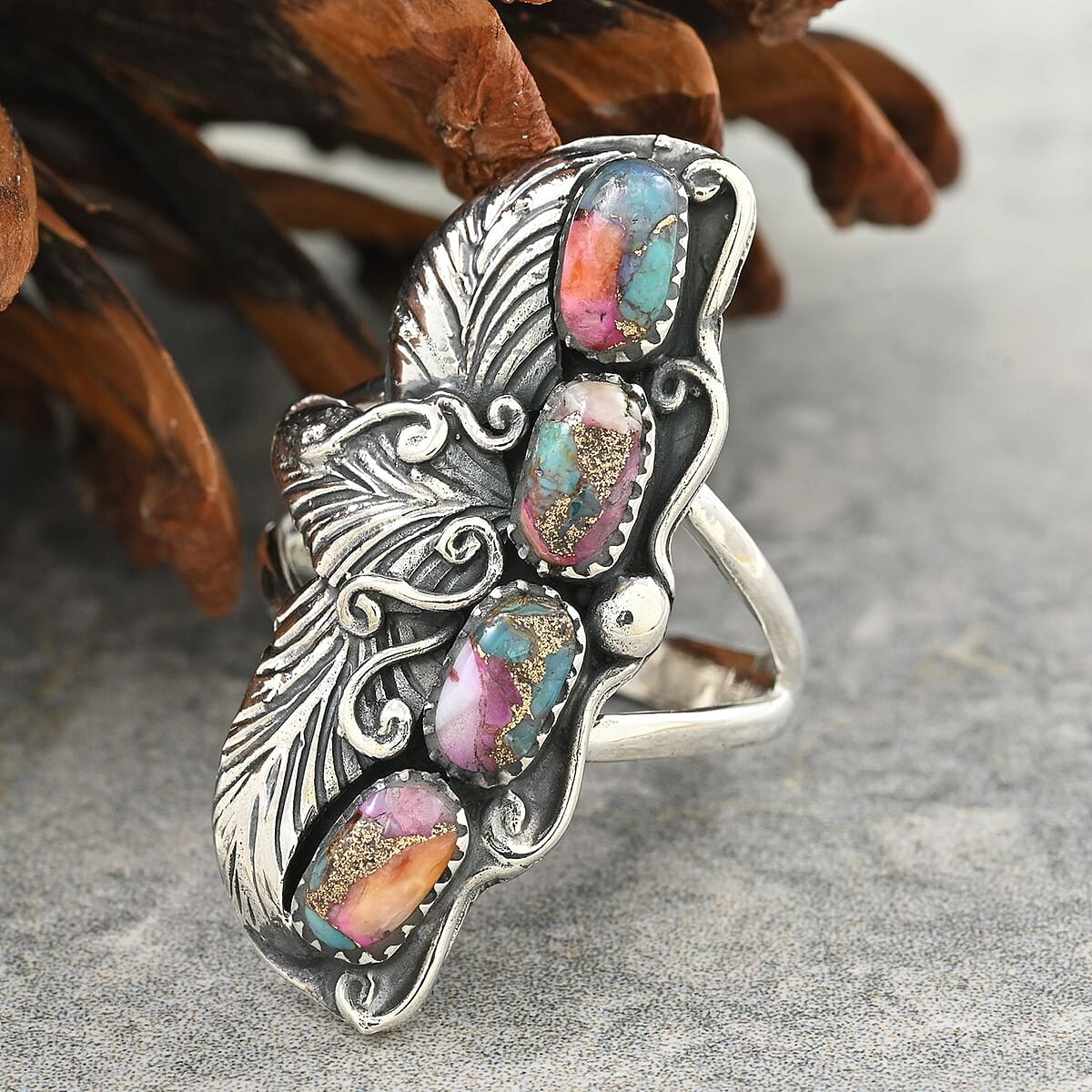 Santa Fe Style Multi Turquoise Ring in Sterling Silver (Size 8.0) 1.60 ctw image number 1