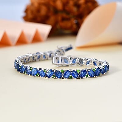Kashmir Kyanite and Chrome Diopside Sea Waves Bracelet in Rhodium Over Sterling Silver (7.25 In) 23.70 ctw