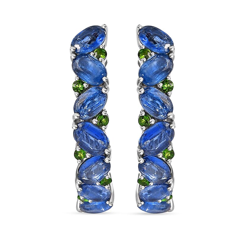 D'Joy Kashmir Kyanite and Chrome Diopside Sea Waves Earrings in Rhodium Over Sterling Silver 10.65 ctw