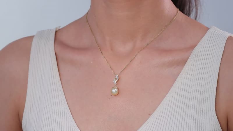 Luxoro 14K Yellow Gold Premium Golden South Sea Pearl and I2 Diamond Pendant without Chain 0.10 ctw