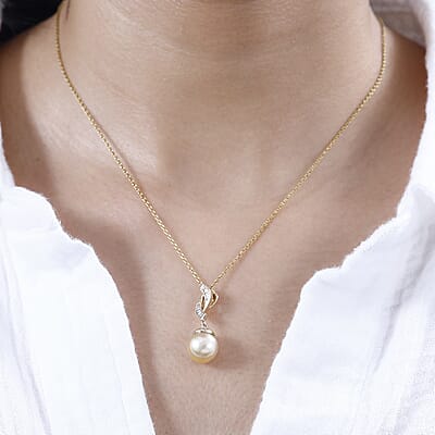 Luxoro 14K Yellow Gold Premium Golden South Sea Pearl and I2 Diamond Pendant without Chain 0.10 ctw