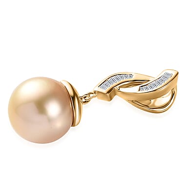 Luxoro 14K Yellow Gold Premium Golden South Sea Pearl and I2 Diamond Pendant without Chain 0.10 ctw