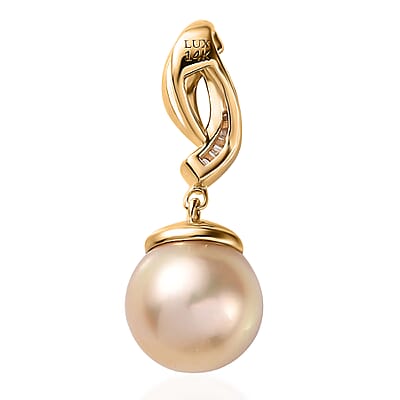 Luxoro 14K Yellow Gold Premium Golden South Sea Pearl and I2 Diamond Pendant without Chain 0.10 ctw