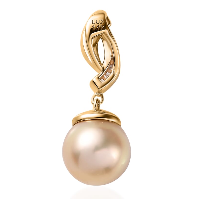 Luxoro 14K Yellow Gold Premium Golden South Sea Pearl and I2 Diamond Pendant without Chain 0.10 ctw