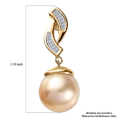 Luxoro 14K Yellow Gold Premium Golden South Sea Pearl and I2 Diamond Pendant without Chain 0.10 ctw