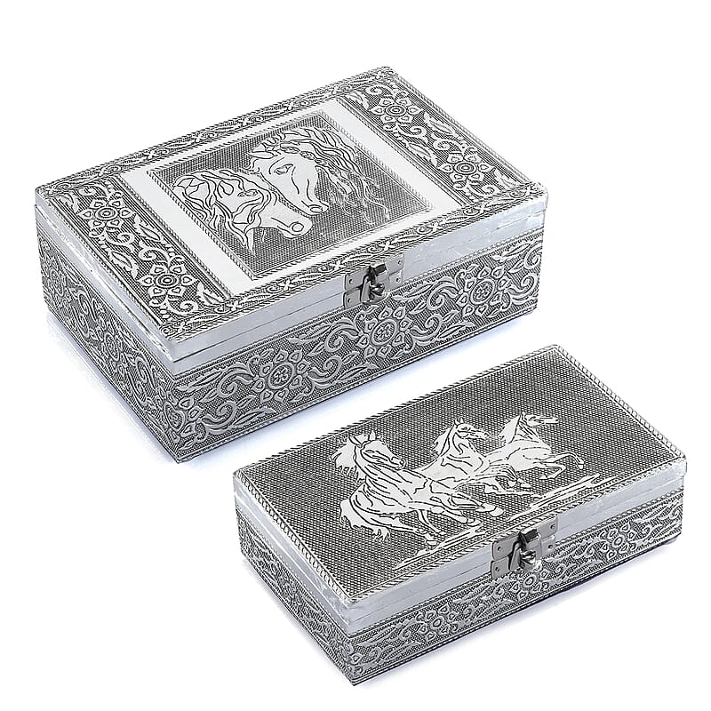 Hand Crafted Set of 2 Aluminum Oxidized Cat Horse Embossed Jewelry Box Made Up with Teak Wood Aluminum Sheet and Velvet