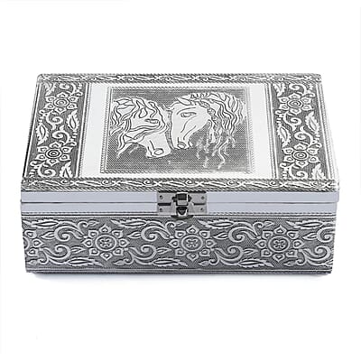 Hand Crafted Set of 2 Aluminum Oxidized Cat Horse Embossed Jewelry Box Made Up with Teak Wood Aluminum Sheet and Velvet