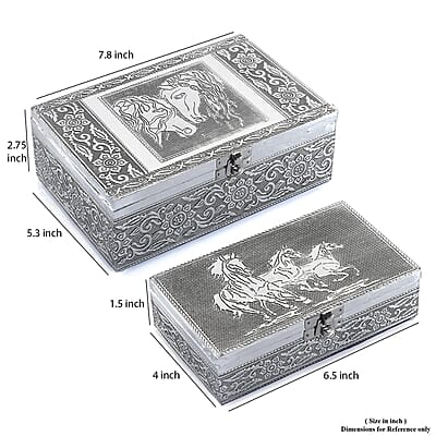Hand Crafted Set of 2 Aluminum Oxidized Cat Horse Embossed Jewelry Box Made Up with Teak Wood Aluminum Sheet and Velvet