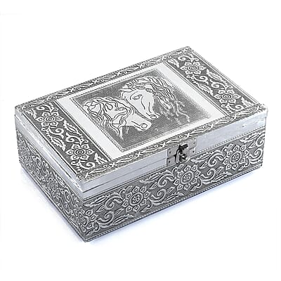 Hand Crafted Set of 2 Aluminum Oxidized Cat Horse Embossed Jewelry Box Made Up with Teak Wood Aluminum Sheet and Velvet