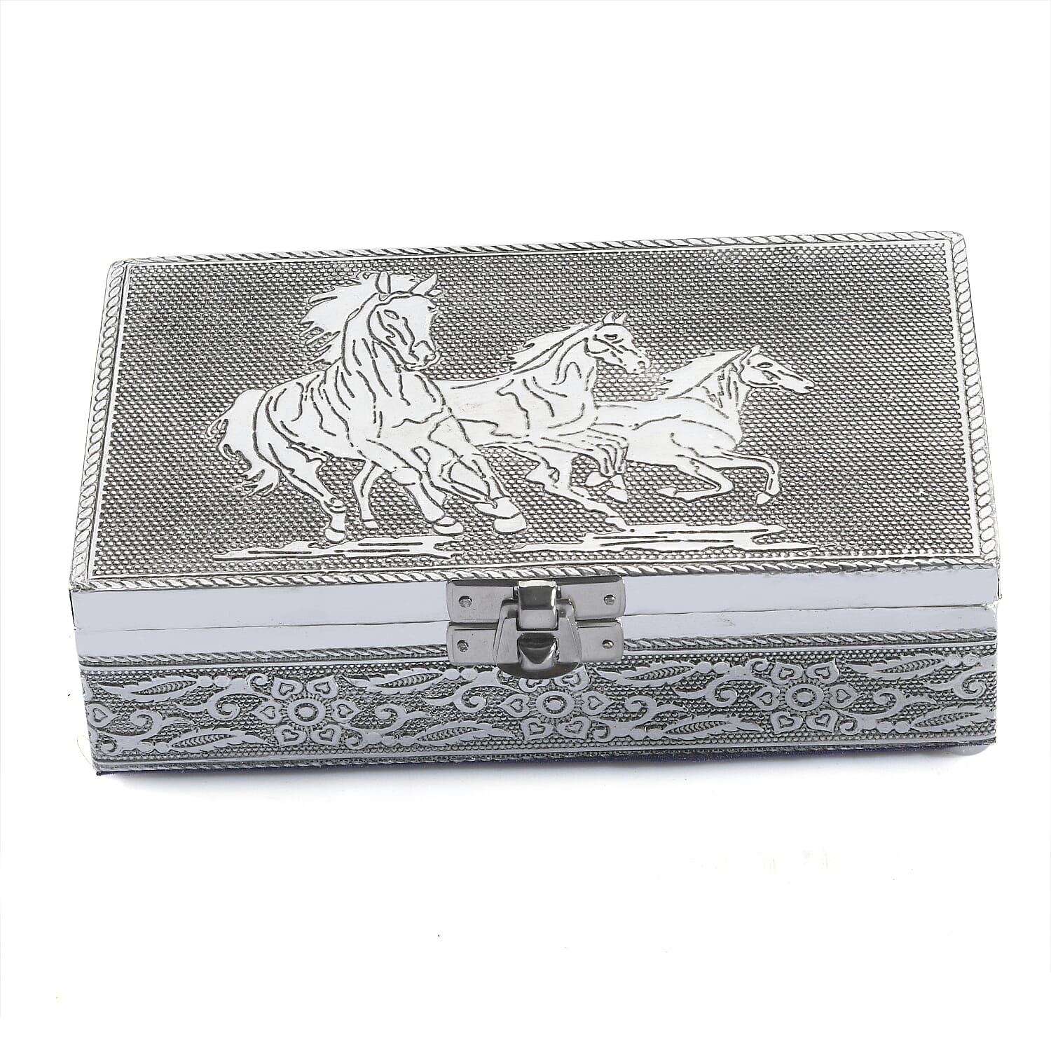 Hand Crafted Set of 2 Aluminum Oxidized Cat Horse Embossed Jewelry Box Made Up with Teak Wood Aluminum Sheet and Velvet
